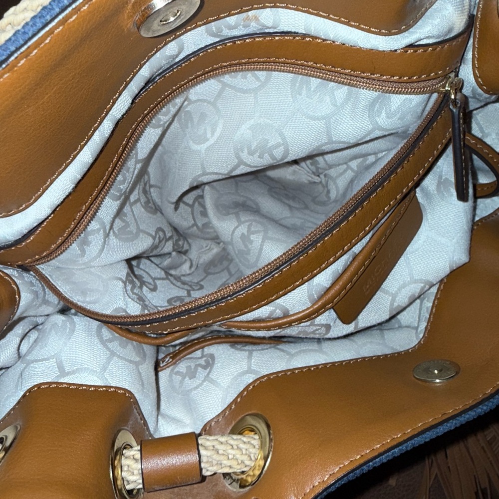 Michael Kors Navy Blue/Brown Canvas Marina Drawstring Tote - Picture 10 of 11